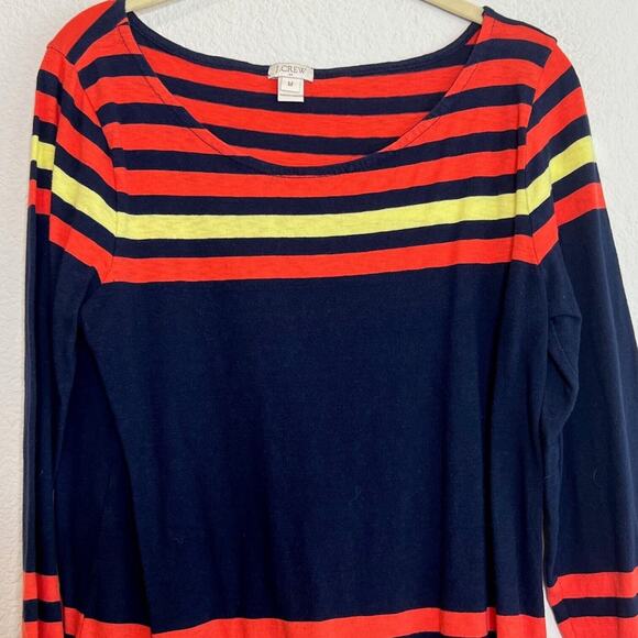 J Crew Factory Womens Striped Tee Medium Navy Orange Boatneck 3Q Sleeve - Picture 2 of 6